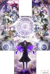 ambiguous_gender androgynous animal_ears armor bad_id bad_pixiv_id black_hair borrowed_character brown_hair elf facial_hair fantasy glowing heterochromia highres holding holding_weapon long_hair looking_at_viewer magic moon_(pixiv_fantasia) multiple_boys multiple_girls nishihara_isao pixiv_fantasia pixiv_fantasia_4 pointy_ears purple_eyes purple_hair red_hair short_hair thread wavy_hair weapon white_hair yellow_eyes