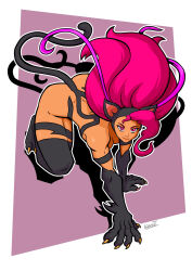 1girl animal_ears ass black_fur breasts cat_ears cat_tail crawling dark-skinned_female dark_skin darkstalkers felicia_(darkstalkers) kevintrentin long_hair official_alternate_color pink_eyes pink_hair tail very_long_hair