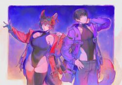 1boy 1girl animal_ears bag black_hair black_leotard black_thighhighs blue_eyes breasts brown_hair cat_ears cat_girl cat_tail final_fantasy final_fantasy_xiv flower green_eyes hair_flower hair_ornament hand_on_own_hip handbag highres hyur jacket large_breasts leotard looking_at_viewer miqo&#039;te pants purple_jacket red_jacket reneelric tail thighhighs warrior_of_light_(ff14)