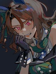 Rule 34 | 1girl, absurdres, akmizuk, animal ears, black background, black gloves, breasts, brown hair, buttons, clenched teeth, ear covers, gloves, hair between eyes, highres, horse ears, horse girl, king halo (umamusume), medium hair, off shoulder, red eyes, solo, tears, teeth, umamusume