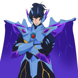 Rule 34 | 1boy, armor, black bodysuit, black hair, blue armor, blue horns, bodysuit, bright pupils, cape, chin guard, clenched teeth, core, cowboy shot, crossed arms, highres, horns, kamo kamen, looking at viewer, male focus, muscular, muscular male, personification, ponytail, purple cape, shoulder armor, simple background, solo, superbia (bravern), superbia (bravern) (personification), teeth, vambraces, white background, white pupils, yellow eyes, yuuki bakuhatsu bang bravern