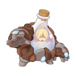1boy against_glass ahoge blonde_hair blue_gemstone chibi cork dieter_(ragnarok_online) faceless faceless_male flask full_body gem golem male_focus official_art open_mouth ragnarok_online reaching reaching_towards_viewer shaded_face short_hair simple_background solo transparent_background yuichirou