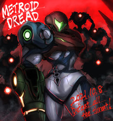 1girl arm_cannon armor e.m.m.i. english_text engrish_text hidden_face looking_at_viewer metroid metroid_dread nintendo power_armor ranguage red_background red_eyes samus_aran visor wakaba_(wata_ridley) weapon