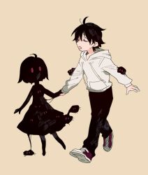 1boy 1girl black_dress black_hair child commentary_request creature dress full_body holding_hands hood hoodie looking_at_another monster_girl newo_(shinra-p) original red_eyes running short_hair simple_background white_hoodie yellow_background