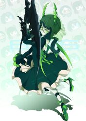 Rule 34 | 1girl, black dress, black rock shooter, bridal veil, dead master, dress, glasses, green eyes, green horns, green wings, high heels, highres, holding, holding scythe, horns, medium hair, redricewine, scythe, skeletal hand, solo, veil, wings