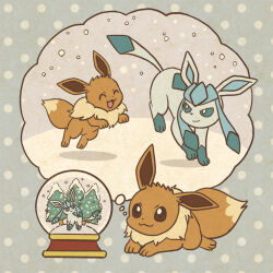 Rule 34 | ^ ^, animal focus, blue eyes, bright pupils, closed eyes, closed mouth, commentary request, eevee, full body, gen 1 pokemon, gen 4 pokemon, glaceon, imagining, lying, mojacookie, nintendo, no humans, official art, on stomach, open mouth, pokemon, pokemon (anime), pokemon (creature), pokemon focus, pokemon journeys, polka dot, polka dot background, second-party source, smile, snow, snow globe, snowing, speech bubble, thought bubble, tree, white pupils
