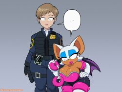 2girls animal_ears bat_ears bat_girl bat_wings blue_eyeshadow breasts closed_mouth commentary cuffs ear_piercing english_commentary eyeshadow hand_on_own_hip handcuffs highres holding holding_handcuffs large_breasts makeup multiple_girls omegasunburst piercing rouge_the_bat short_hair sonic_(series) sonic_x topaz_(sonic) wings