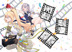2girls absurdres ascot back_bow bare_arms bare_legs bare_shoulders black_ascot black_bow black_gloves black_ribbon black_shoes blonde_hair blue_eyes blue_flower blue_rose blue_skirt blue_vest boots bow brooch buttons camera chest_jewel clothing_cutout collar collared_shirt collared_vest commentary_request confetti crop_top detached_collar dress film_strip fleur-de-lis floating_clothes floating_hair flower flower_brooch footwear_bow footwear_flower frilled_collar frilled_dress frilled_footwear frilled_shirt frilled_skirt frills full_body gem gloves green_collar green_pantyhose green_shirt grey_ascot grey_hair grey_scrunchie hair_between_eyes hair_bun hair_flower hair_ornament hair_scrunchie happy high_collar high_ponytail highres holding holding_camera holding_party_popper holding_scroll jewelry lapels light_blush long_hair long_sleeves looking_ahead magia_record:_mahou_shoujo_madoka_magica_gaiden magical_girl mahou_shoujo_madoka_magica miniskirt multicolored_shoes multiple_girls nape_braid neck_ribbon notched_lapels one_eye_closed open_clothes open_dress open_mouth open_vest pantyhose party_popper pink_eyes pointy_nose ponytail red_gemstone ribbon rose scroll scrunchie shirt shirt_under_dress shoes single_hair_bun skirt sleeveless sleeveless_dress sleeveless_shirt smile surprised sweatdrop tareme teeth thigh_cutout togame_momoko two-sided_veil two-tone_shoes ultimate_magnum upper_teeth_only very_long_hair vest wavy_hair white_background white_boots white_bow white_dress white_gloves white_shirt white_shoes white_sleeve_cuffs wide-eyed yakumo_mitama yakumo_mitama_(haregi_ver.) yuri