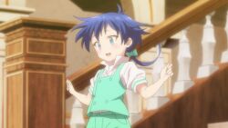 1boy androgynous animated aqua_eyes bare_legs blue_eyes blue_hair child highres lloyd_de_saloum low_ponytail male_focus micro_shorts open_mouth ponytail screencap shiny_skin shirt short_shorts shorts smile sound tensei_shitara_dai_nana_oji_datta_no_de:_kimama_ni_majutsu_o_kiwamemasu trap video walking white_shirt wide_hips