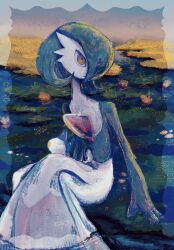 0pao 1other alternate_color androgynous blue_fur blue_hair bob_cut colored_skin dress gardevoir gen_3_pokemon gen_4_pokemon grass hair_over_one_eye highres multicolored_skin nintendo on_grass orange_eyes other_focus pachirisu pokemon pokemon_(creature) shiny_pokemon solo two-tone_skin white_dress white_fur white_skin