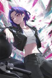 Rule 34 | 1girl, absurdres, black jacket, black pants, boku no hero academia, breasts, cleavage, closed mouth, crop top, helmet, highres, jacket, lady nagant, matsumotoshinnnosuke, medium hair, motor vehicle, motorcycle, motorcycle helmet, multicolored hair, navel, pants, pink hair, purple eyes, purple hair, shirt, smile, solo, streaked hair, white shirt
