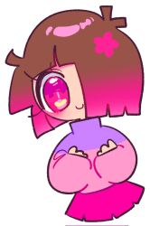 1018sus 1girl alternate_universe antenna_hair bete_noire blunt_bangs blunt_ends bright_pupils brown_hair chibi chibi_only closed_mouth commentary_request corrupted_twitter_file cropped_torso fewer_digits flower glitchtale gradient_hair hair_flower hair_ornament hands_up highres korean_commentary long_sleeves looking_at_viewer miniskirt multicolored_hair pink_eyes pink_flower pink_hair pink_skirt pink_sweater pleated_skirt puffy_long_sleeves puffy_sleeves purple_sweater short_hair simple_background skirt smile solo sweater turtleneck turtleneck_sweater two-tone_hair two-tone_sweater undertale very_big_eyes white_background