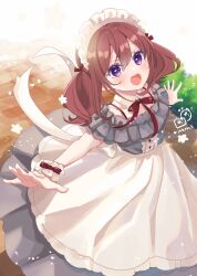 1girl :d apron bow brown_hair collar collarbone commentary_request detached_collar dress grey_dress hair_between_eyes highres looking_at_viewer maid maid_headdress open_mouth original purple_eyes red_bow rino_cnc smile solo twintails twitter_username white_apron white_collar wing_collar