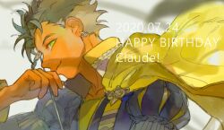 1boy arm_up black_hair braid cape character_name claude_von_riegan closed_mouth collarbone collared_jacket dark-skinned_male dark_skin dated earrings fire_emblem fire_emblem:_three_houses floating_cape garreg_mach_monastery_uniform green_eyes happy_birthday harikoma1010 jacket jewelry juliet_sleeves long_sleeves looking_to_the_side male_focus nintendo open_collar piercing popped_collar profile puffy_sleeves school_uniform shirt short_hair side_braid side_cape sideways_glance single_braid smile solo upper_body yellow_cape yellow_shirt