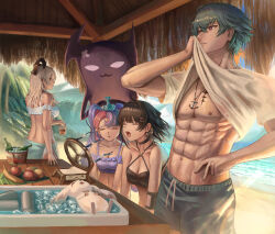 1boy 3girls abby_(wuthering_waves) abs absurdres alternate_costume bare_shoulders beach black_hair black_horns blue_hair blue_male_swimwear brant_(wuthering_waves) breasts cleavage closed_eyes collarbone commentary cup curled_horns drinking_glass earrings electric_fan english_commentary fan_speaking female_rover_(wuthering_waves) grey_hair hair_ribbon hand_on_own_hip highres holding holding_cup horns hot jewelry large_breasts long_hair looking_afar male_swimwear median_furrow medium_breasts multicolored_hair multiple_girls muscular muscular_male open_mouth pero_(wuthering_waves) purple_eyes ribbon roccia_(wuthering_waves) rover_(wuthering_waves) sand short_hair stomach sweat tacet_mark_(wuthering_waves) triangle_earrings twckb two-tone_hair water wiping_face wuthering_waves yellow_ribbon zani_(wuthering_waves)