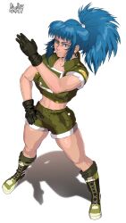 1girl arcadedsm blue_eyes blue_hair boots breasts curvy earrings female_focus gloves jewelry large_breasts leather leona_heidern long_hair military muscular pale_skin ponytail shoes shorts sneakers socks standing the_king_of_fighters thick_thighs thighs toned toned_female wide_hips