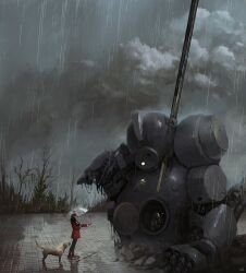 bare_tree broken cloud cloudy_sky dog grey_sky looking_at_object mecha original painting_(medium) planted planted_polearm polearm rain robot scenery science_fiction sky slow_d spear tile_floor tiles traditional_media transparent transparent_umbrella tree umbrella weapon