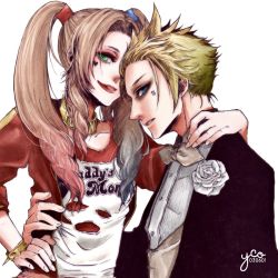 1boy 1girl aerith_gainsborough alternate_costume arm_around_neck arm_around_waist black_eyeshadow black_jacket blonde_hair blue_eyes bow bowtie brown_hair cloud_strife collared_shirt colored_tips corsage cosplay couple dc_comics eyeshadow facial_tattoo final_fantasy final_fantasy_vii final_fantasy_vii_remake flower green_eyes hand_on_own_hip harley_quinn harley_quinn_(cosplay) heart hetero highres jacket joker_(dc)_(cosplay) long_hair looking_at_viewer makeup multicolored_hair parted_bangs parted_lips red_eyeshadow red_lips rose shirt short_hair sleeves_rolled_up smile spiked_hair suicide_squad suit_jacket tattoo the_joker tongue tongue_out torn_clothes torn_shirt twintails twitter_username white_background white_bow white_bowtie white_flower white_rose white_shirt yco_030601
