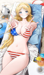 1girl absurdres ahoge american_flag american_flag_bikini american_flag_print beach bikini bird blonde_hair blue_eyes blush breasts cleavage commentary_request cup double_v drinking_glass flag_print flag_print_bikini hachimiya_meguru highres idolmaster idolmaster_shiny_colors large_breasts long_hair looking_at_viewer mattress navel pdal_(pdalhhh) phone print_bikini revision seagull side-tie_bikini_bottom skindentation smile solo swimsuit thighs v