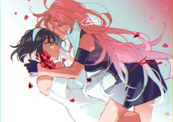 2girls alien_stage black_dress black_gloves black_hair closed_eyes commentary dress english_commentary english_text flower gloves hairband half_gloves hand_on_another&#039;s_face highres long_hair luminarun mizi_(alien_stage) multiple_girls neck_flower pink_hair red_flower red_petals short_hair song_name sua_(alien_stage) tears very_long_hair white_dress white_gloves white_hairband