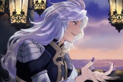 1boy armor bishounen black_jacket blue_eyes cropped_jacket facing_to_the_side feather_hair_ornament feathers final_fantasy final_fantasy_ix gold_trim grey_hair hair_ornament highres jacket kuja lantern long_hair male_focus nail_polish night night_sky ocean open_mouth parted_bangs purple_nails shoulder_armor sky smile solo trap upper_body yoshidaaaan