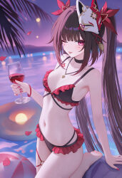 1girl absurdres alternate_costume ball beachball bikini black_bikini black_choker breasts brown_hair butterfly-shaped_pupils cc_lin choker collarbone commentary cup falling_petals flower_tattoo fox_mask frilled_bikini frills highres holding holding_cup honkai:_star_rail honkai_(series) innertube leg_up looking_at_viewer mark_under_both_eyes mask mask_on_head navel ocean one_eye_closed paid_reward_available petals red_nails sidelocks small_breasts soles solo sparkle_(honkai:_star_rail) stomach swim_ring swimsuit symbol-shaped_pupils tattoo tongue tongue_out twintails