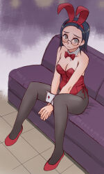 1girl alternate_costume animal_ear_hairband animal_ears between_legs black_hair black_pantyhose bow bowtie breasts cleavage collarbone comoli_harcourt couch detached_collar fake_animal_ears full_body glasses gundam gundam_gquuuuuux hairband hand_between_legs leotard on_couch own_hands_together pantyhose playboy_bunny rabbit_ear_hairband rabbit_ears red_bow red_bowtie red_hairband red_leotard red_shoes round_eyewear shoes short_hair side-tie_leotard sitting solo strapless strapless_leotard uona_telepin wrist_cuffs