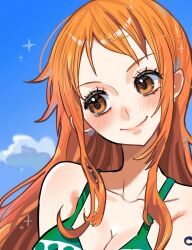 1girl bare_shoulders bikini blue_sky blush breasts brown_eyes cleavage closed_mouth cloud cloudy_sky collarbone commentary earrings green_bikini head_tilt highres ia34550364 jewelry long_hair looking_to_the_side medium_breasts nami_(one_piece) one_piece orange_hair outdoors pearl_earrings sidelocks sky smile solo sparkle swimsuit upper_body wavy_hair