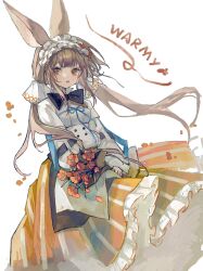 1girl :d absurdres animal_ears arknights bouquet brown_hair character_name chinese_commentary commentary_request flower frilled_hairband frilled_skirt frills hairband highres holding holding_bouquet long_hair looking_at_viewer making-of_available open_mouth orange_eyes orange_flower orange_skirt procreate_(medium) simple_background skirt smile solo sweater warmy_(arknights) white_background white_hairband white_sweater yezhi_dun_luobei