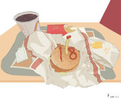 absurdres burger cola commentary_request condiment_packet cup dated disposable_cup food food_focus french_fries highres ketchup mcdonald&#039;s mirrored_text no_humans rock_zinc simple_background table white_background