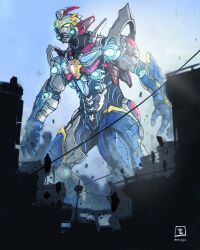 Rule 34 | absurdres, artist logo, blue sky, building, city, commentary, day, debris, gridman (character), gridman universe, gridman universe (film), highres, logo, looking ahead, mecha, moyan, outdoors, power lines, procreate (medium), robot, science fiction, sky, solo, standing, utility pole, yellow eyes