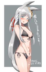 1girl @_@ a.nori absurdres animal_ears bikini black_bikini blue_eyes blunt_bangs blush breasts chrono_genesis_(umamusume) cleavage collarbone grey_background grey_hair hair_between_eyes hair_ornament highres horse_ears horse_girl horse_tail long_hair looking_at_viewer navel open_mouth small_breasts solo standing string_bikini swimsuit tail translation_request umamusume