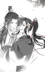 2boys ahoge black_hair blush chinese_clothes chinese_commentary falling_leaves flower greyscale hair_flower hair_ornament hair_ribbon hand_on_another&#039;s_face hanfu headband highres lan_wangji leaf long_hair long_sleeves looking_at_viewer looking_back male_focus modao_zushi monochrome multiple_boys parted_lips ponytail red_ribbon ribbon robe shenzhang10011 sidelocks sketch smile spot_color sweatdrop topknot upper_body wei_wuxian white_background wide_sleeves xiao_guan_(headdress) yaoi