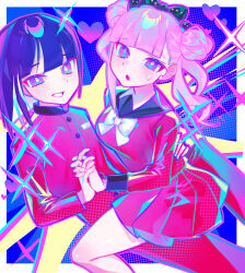 1boy 1girl absurdres black_bow black_sailor_collar blue_hair blush bow bowtie bright_pupils brother_and_sister buttons commentary double_bun gakuran hair_bow hair_bun hand_on_another&#039;s_back heart hetero highres holding_hands incest iro_(mywife_sunny) jacket long_hair medium_hair open_mouth pants pink_hair pleated_skirt red_jacket red_pants red_serafuku red_shirt red_skirt sailor_collar school_uniform serafuku shirt siblings skirt sparkle sweat symbol-only_commentary the_hundred_line_-last_defense_academy- tsukumo_ima tsukumo_kako tsurime twins twintails white_bow white_bowtie white_pupils