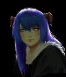 absurdres arknights black_background black_coat blue_eyes blue_hair brown_horns coat demon_horns fur_trim green_eyes halo highres ho_my_nhu_ky horns light_smile long_hair looking_at_viewer mostima_(arknights) purple_hair