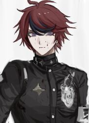 1boy ahoge armband black_streaks blood blood_on_face gakuran hole_in_chest hole_on_body last_defense_academy_school_uniform majide_yutteru male_focus multicolored_hair red_eyes red_hair school_uniform short_hair simple_background sketch streaked_hair sumino_takumi the_hundred_line_-last_defense_academy- upper_body white_armband white_background