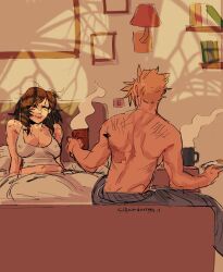 1boy 1girl absurdres artist_name bare_shoulders bed bite_mark bite_mark_on_shoulder black_hair blonde_hair breasts closed_mouth cloud_strife coffee_mug commentary couple covered_erect_nipples crop_top cup earrings english_commentary feet_out_of_frame final_fantasy final_fantasy_vii highres holding holding_cup holding_plate indoors jewelry large_breasts long_hair looking_at_another messy_hair midriff_peek morning mug on_bed one_eye_closed plate scar scar_on_back scratches short_hair single_earring sitting smile strawderryst tank_top tifa_lockhart topless_male white_tank_top