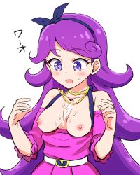 1girl belt blush breasts breasts_out clothes_pull cum cum_on_body cum_on_breasts cum_on_upper_body detached_sleeves dress dress_pull hairband jewelry kiratto_pri_chan long_hair medium_breasts necklace pretty_series purple_dress purple_eyes purple_hair shido_mel simple_background solo spiral sweatdrop white_background yoban
