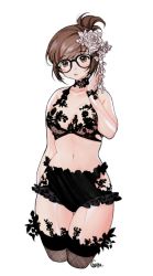 1girl artist_name bad_id bad_twitter_id bare_shoulders black-framed_eyewear black_thighhighs blush breasts brown_eyes brown_hair choker chungu cleavage collarbone cowboy_shot female_focus flower glasses hair_bun hair_flower hair_ornament hand_up harukuchi_(wintertrues) highres lingerie medium_breasts mei_(overwatch) midriff navel open_mouth overwatch overwatch_1 simple_background single_hair_bun solo thighhighs underwear white_background