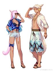 1boy 1girl absurdres adjusting_clothes adjusting_eyewear adjusting_headwear animal_ears belt belt_buckle bikini blonde_hair blue_hair blue_shirt bracelet braid breasts buckle bushi_shui_zi_ba cat_boy cat_ears cat_girl cat_tail chinese_commentary collarbone colored_tips commentary_request denim denim_shorts eutrope_(ff14) final_fantasy final_fantasy_xiv full_body halterneck hand_on_own_hip highres jewelry miqo&#039;te multicolored_hair nail_polish navel open_clothes open_shirt pink_hair red_nails retsarra_(ff14) sandals shirt short_shorts shorts simple_background small_breasts sunglasses swimsuit tail tied_shirt two-tone_hair visor_cap watermark weibo_watermark white_background white_shirt yellow_eyes
