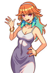 1girl :d bracelet breasts choker cleavage collarbone dress gold_bracelet hairband hand_on_own_hip highres hololive hololive_english jewelry long_hair looking_at_viewer medium_breasts multicolored_hair open_hand open_mouth orange_hair purple_eyes purple_nails simple_background smile solo sweeva takanashi_kiara virtual_youtuber waving white_background white_dress white_hairband