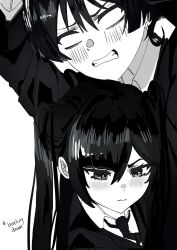 1boy 1girl alternate_costume arms_up blank_eyes blazer blunt_bangs blunt_ends blush chin_rest clenched_teeth closed_mouth collared_shirt couple genshin_impact hair_between_eyes head_on_chest head_on_head head_rest hetero highres jacket long_hair looking_down mona_(genshin_impact) monochrome necktie parted_bangs scaramouche_(genshin_impact) school_uniform shirt sidelocks teeth twintails wavy_mouth ysnden