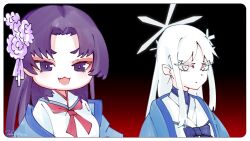 Rule 34 | 2girls, :d, animated, audible music, black background, blue archive, blue background, blue bow, blue jacket, border, bow, broly culo (meme), closed mouth, commentary request, eyeshadow, fang, flower, gradient background, grey eyes, hair flower, hair ornament, halo, haori, highres, hot milk (snail&#039;s house), jacket, japanese clothes, korean commentary, long hair, looking at another, looking at viewer, looking back, makeup, meme, multiple girls, nagusa (blue archive), neckerchief, open mouth, parted bangs, pink eyeshadow, pink flower, purple eyes, purple hair, purple halo, red background, red neckerchief, sailor collar, skin fang, smile, sound, thick eyebrows, tobeymaru, turning around, upper body, video, white background, white border, white hair, white sailor collar, yukari (blue archive), zooming in