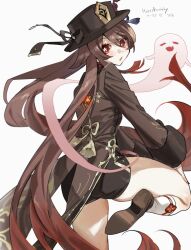 1girl black_shorts brown_hair flower-shaped_pupils genshin_impact ghost hat highres hu_tao_(genshin_impact) long_hair long_sleeves looking_at_viewer meameeea open_mouth porkpie_hat red_eyes shorts symbol-shaped_pupils twintails very_long_hair