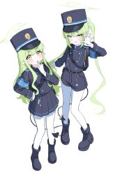 2girls absurdres armband bag black_bag black_boots black_hat black_jacket black_shorts black_skirt blue_archive blue_armband boots closed_mouth commentary demon_tail fang full_body gloves green_hair green_halo hair_between_eyes halo hand_to_own_mouth hat highres hikari_(blue_archive) jacket long_hair long_sleeves looking_at_viewer multiple_girls nozomi_(blue_archive) open_mouth pantyhose pantyhose_under_shorts peaked_cap pleated_skirt pointy_ears shorts siblings sidelocks simple_background sisters skirt smile standing supersugar symbol-only_commentary tail twins twintails white_gloves white_pantyhose yellow_eyes