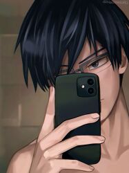 1boy black_hair blue_eyes boku_no_hero_academia cellphone closed_mouth collarbone commentary facing_viewer glasses highres holding holding_phone iida_tenya kacchansbf83 looking_at_phone male_focus mirror_selfie multicolored_hair nude phone rectangular_eyewear selfie semi-rimless_eyewear short_hair smartphone solo symbol-only_commentary twitter_username