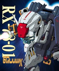 armor character_name energy_sword gundam gundam_gquuuuuux highres holding holding_sword holding_weapon mecha mecha_focus mobile_suit no_humans robot rx-78-01_gundam science_fiction solo space sword takuma_tomomasa thrusters upper_body v-fin weapon zooming_in