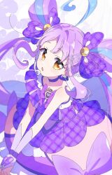1girl :o ahoge blue_hair bow bracelet bridal_gauntlets character_name commentary_request cowboy_shot cure_kyunkyun dot_nose double_bun dress expressionless eyelashes frilled_skirt frills hair_bobbles hair_bow hair_bun hair_ornament hands_on_lap headset heart highres jewelry kimi_to_idol_precure layered_dress light_blush long_hair magical_girl miniskirt multicolored_hair off-shoulder_dress off_shoulder open_mouth own_hands_together parted_bangs pink_dress plaid_bow plaid_clothes plaid_dress pleated_sleeves precure purple_bow purple_bridal_gauntlets purple_dress purple_hair purple_skirt serizawa_serizane shigure_kokoro short_sleeves sidelocks single_off_shoulder single_sleeve skirt skirt_under_dress solo standing streaked_hair twintails twitter_username watermark white_background yellow_eyes zoom_layer