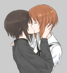 2girls black_neckerchief blouse brown_hair closed_eyes commentary dress_shirt girls_und_panzer grey_background grey_shirt hand_in_another&#039;s_hair hand_on_another&#039;s_shoulder incest kiss kiss_focus kuromorimine_school_uniform long_sleeves multiple_girls mutsu_(layergreen) neckerchief nishizumi_maho nishizumi_miho ooarai_school_uniform sailor_collar school_uniform serafuku shirt short_hair siblings simple_background sisters upper_body white_sailor_collar white_shirt yuri