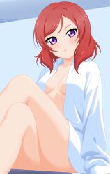 1girl absurdres breasts closed_mouth crossed_legs highres looking_at_viewer love_live! love_live!_school_idol_project masterx medium_breasts medium_hair naked_shirt nishikino_maki open_clothes open_shirt purple_eyes red_hair shirt sitting solo thighs twitter_username